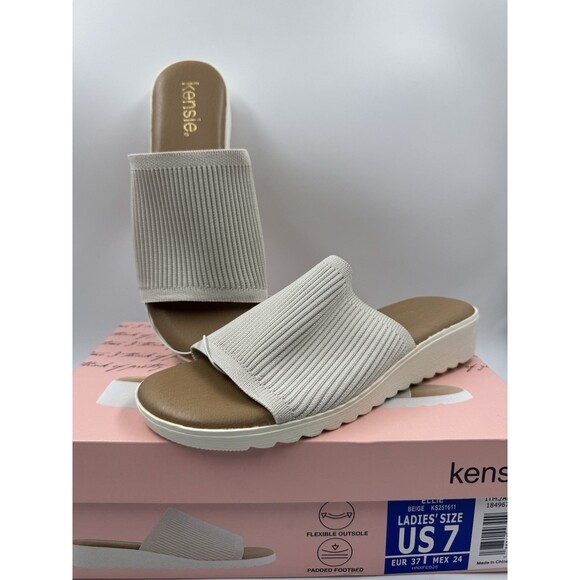 Kensie Ellie Women's Knit Slip On Small Platform Padded Sandals Beige Size 7 New - Picture 1 of 16